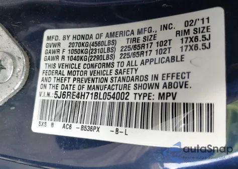 2011 Honda Cr-V Ex-L from USA, damaged, VIN 5J6RE4H71BL054002